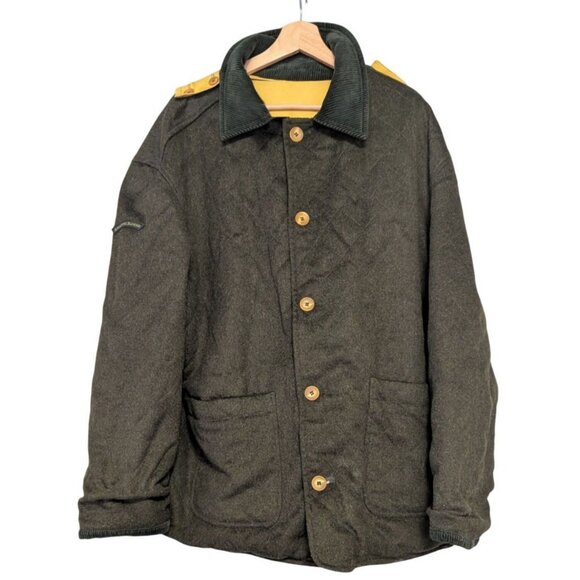 Atlantic Rancher Green Yellow Reversible Jacket Hood Corduroy Collar Mens Size L - Picture 1 of 13
